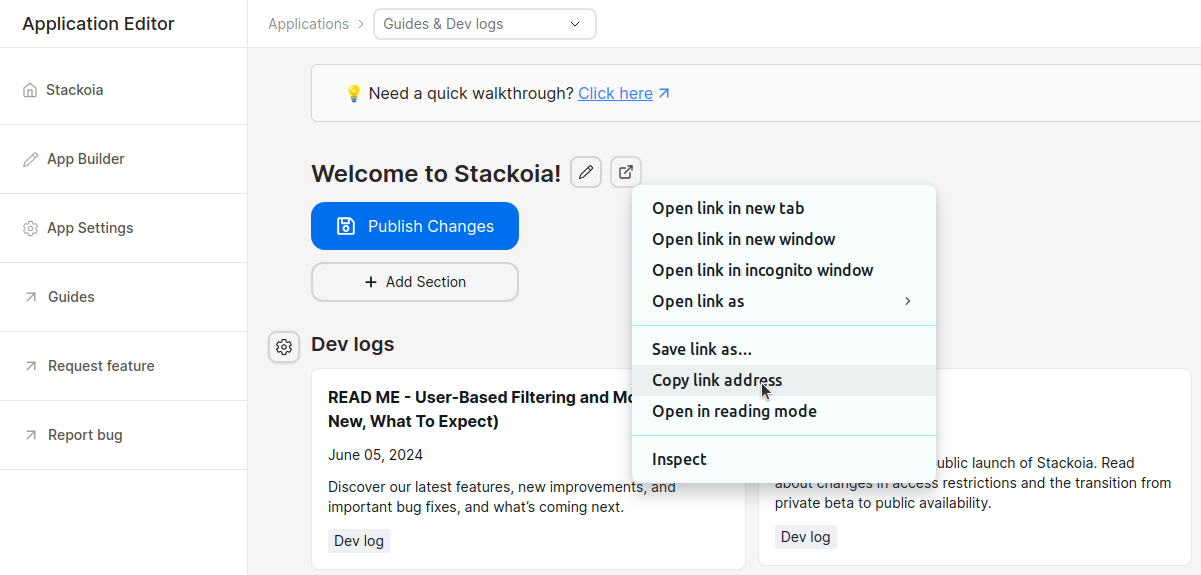 Stackoia application builder right click on published URL